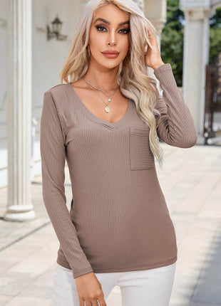 Ribbed V-Neck Long Sleeve Blouse with Pocket - MimiStylez