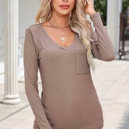 Ribbed V-Neck Long Sleeve Blouse with Pocket - MimiStylez