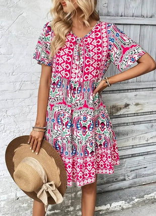 Printed Tie Neck Short Sleeve Dress - MimiStylez