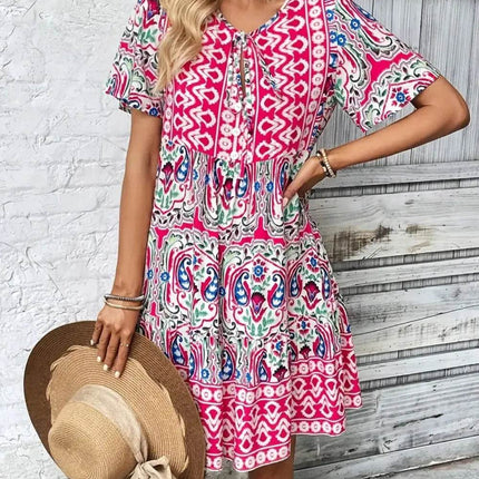 Printed Tie Neck Short Sleeve Dress - MimiStylez