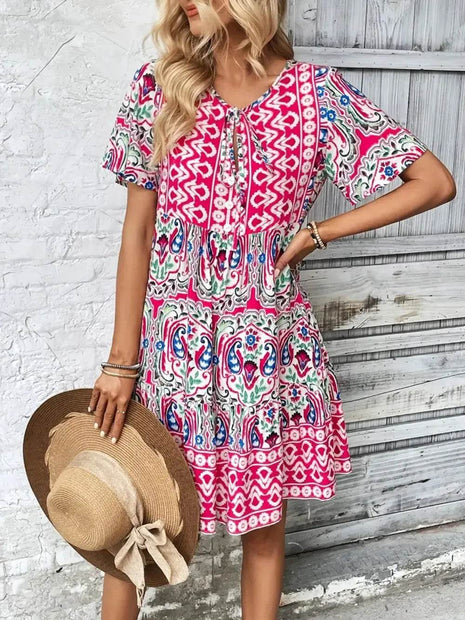 Printed Tie Neck Short Sleeve Dress - MimiStylez
