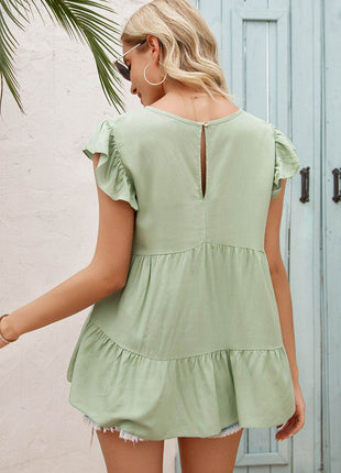 Round Neck Flutter Sleeve Tiered Blouse - MimiStylez