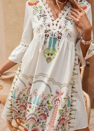 Lace Detail Printed Three-Quarter Sleeve Dress - MimiStylez