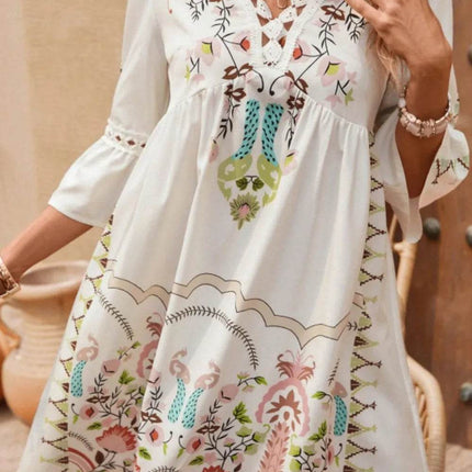 Lace Detail Printed Three-Quarter Sleeve Dress - MimiStylez