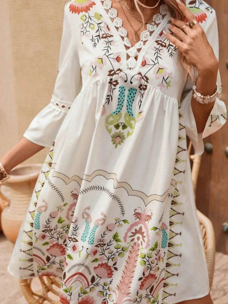 Lace Detail Printed Three-Quarter Sleeve Dress - MimiStylez