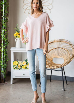 Heimish Full Size Swiss Dot Ruffle Short Sleeve Top - MimiStylez