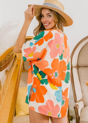 BiBi Floral V Neck Slit Side T-Shirt - MimiStylez