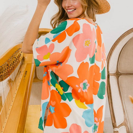 BiBi Floral V Neck Slit Side T-Shirt - MimiStylez