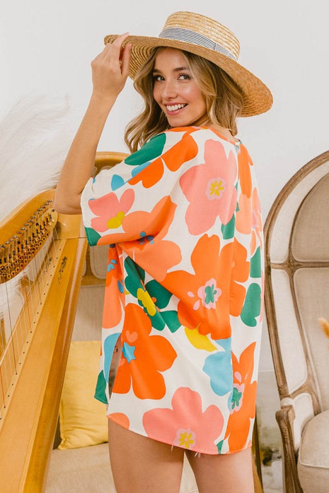 BiBi Floral V Neck Slit Side T-Shirt - MimiStylez