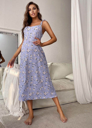 Printed Tie Shoulder Midi Night Dress - MimiStylez