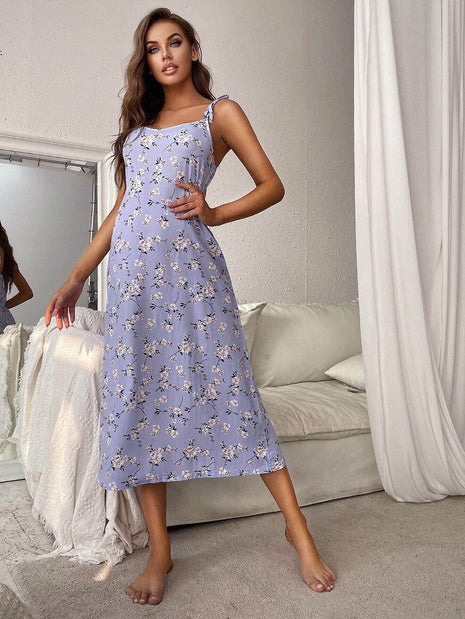 Printed Tie Shoulder Midi Night Dress - MimiStylez