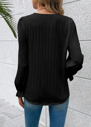 V-Neck Lace Detail Flounce Sleeve Blouse - MimiStylez