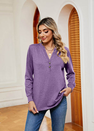 Buttoned Notched Neck Long Sleeve Top - MimiStylez