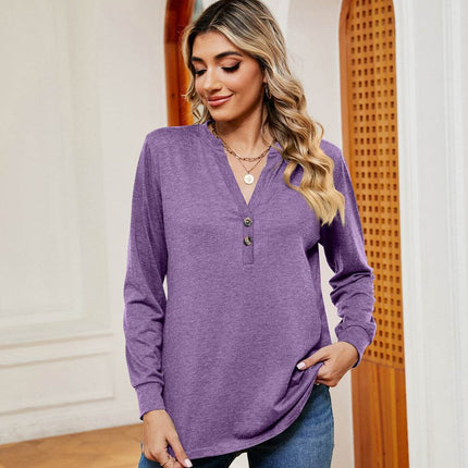 Buttoned Notched Neck Long Sleeve Top - MimiStylez