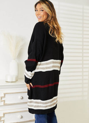 Striped Rib-Knit Drop Shoulder Open Front Cardigan - MimiStylez