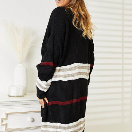 Striped Rib-Knit Drop Shoulder Open Front Cardigan - MimiStylez