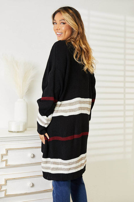 Striped Rib-Knit Drop Shoulder Open Front Cardigan - MimiStylez