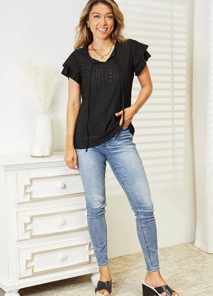 Double Take Eyelet Tie-Neck Flutter Sleeve Blouse - MimiStylez