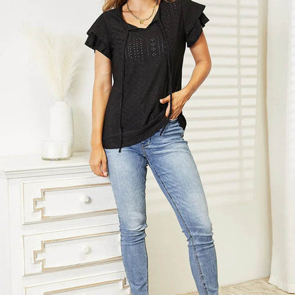 Double Take Eyelet Tie-Neck Flutter Sleeve Blouse - MimiStylez