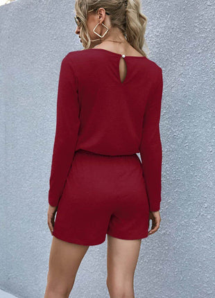 Drawstring Waist Long Sleeve Romper - MimiStylez