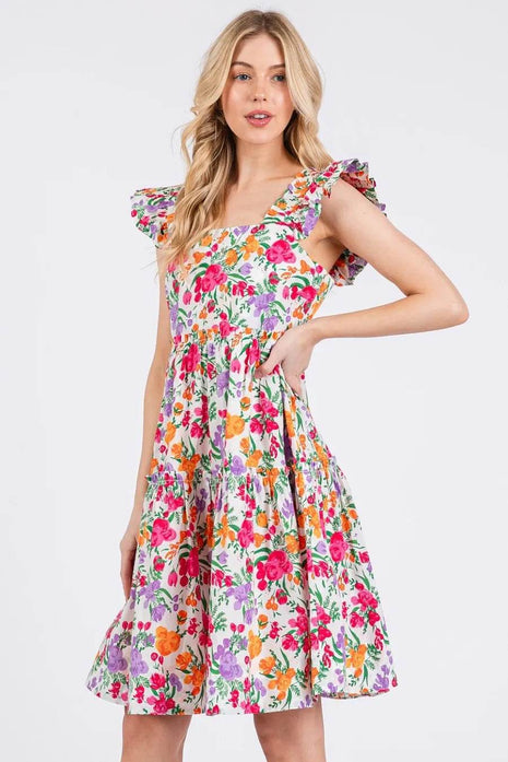 Mittoshop Flower Print Ruffle Shoulder A-line Mini Dress - MimiStylez