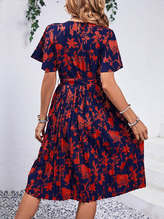 Printed Round Neck Short Sleeve Dress - MimiStylez