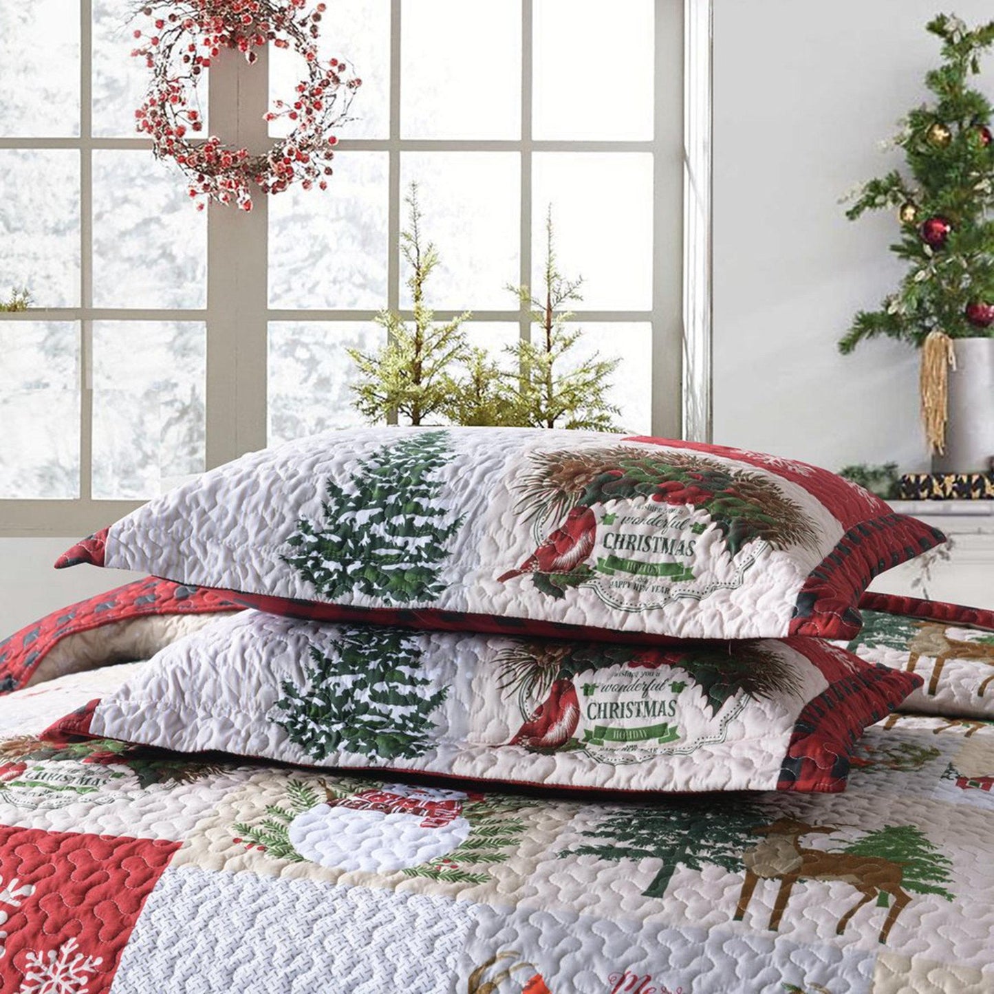 3 Pcs Christmas Quilt Bedspread Set Snowman Reversible Quilt Set Coverlet Set