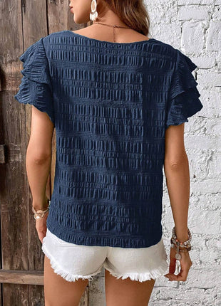 Round Neck Flounce Sleeve Blouse - MimiStylez