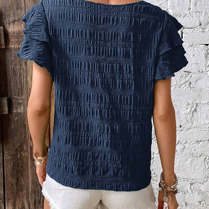 Round Neck Flounce Sleeve Blouse - MimiStylez