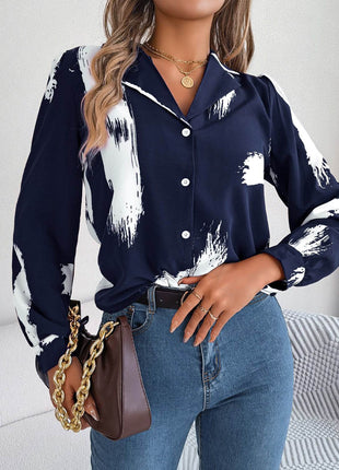 Printed Collared Neck Button Up Shirt - MimiStylez