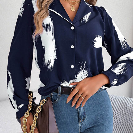 Printed Collared Neck Button Up Shirt - MimiStylez