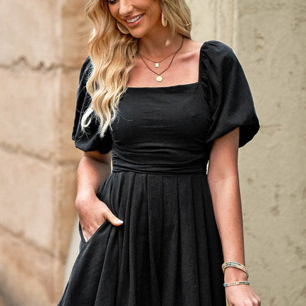 Square Neck Pleated Romper with Pockets - MimiStylez
