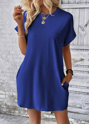 Pocketed Round Neck Short Sleeve Dress - MimiStylez