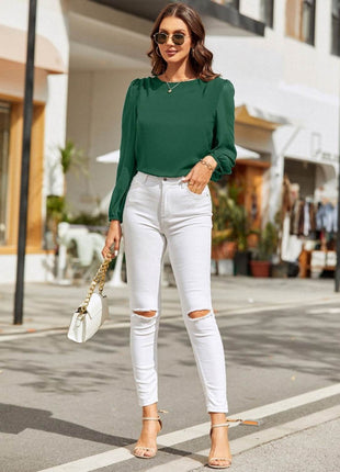 Round Neck Long Sleeve Blouse - MimiStylez