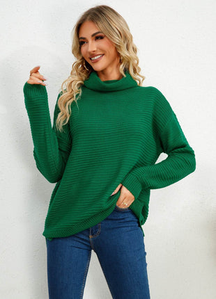 Slit Turtleneck Dropped Shoulder Sweater - MimiStylez