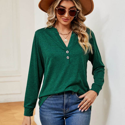 Buttoned Notched Neck Long Sleeve Top - MimiStylez
