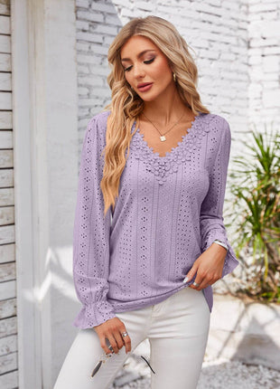 Applique V-Neck Flounce Sleeve T-Shirt - MimiStylez