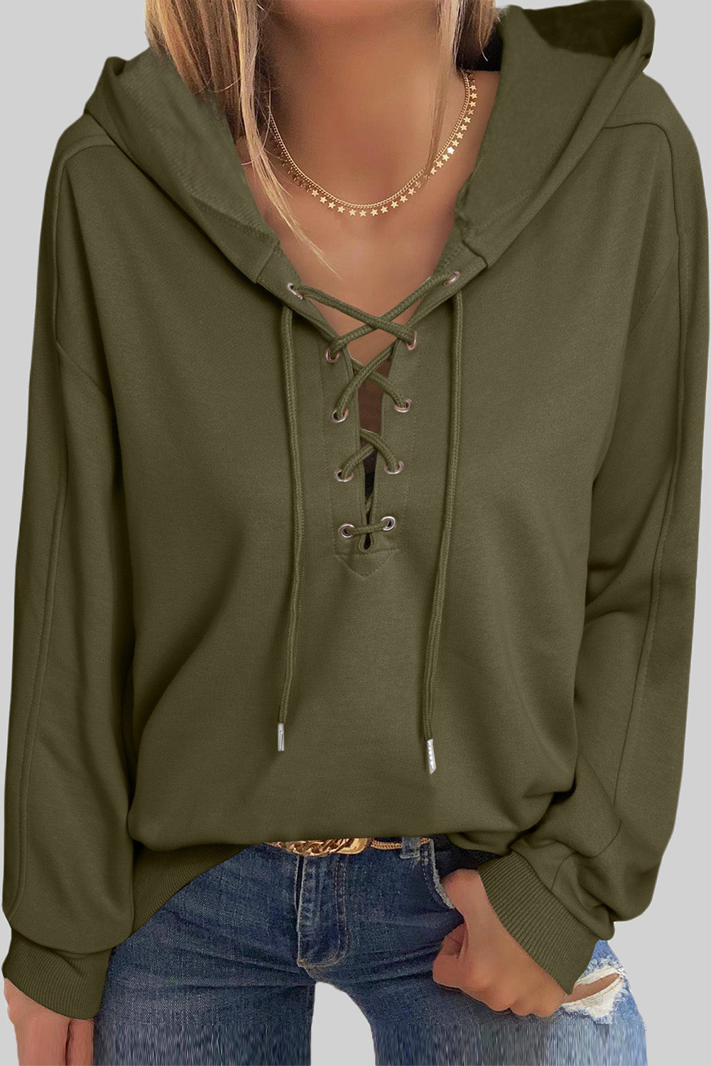 Lace-Up Dropped Shoulder Hoodie