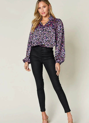 Double Take Full Size Printed Long Sleeve Blouse - MimiStylez