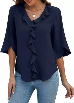 Loose V-neck Flounce Shirt - MimiStylez