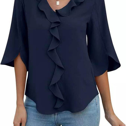 Loose V-neck Flounce Shirt - MimiStylez