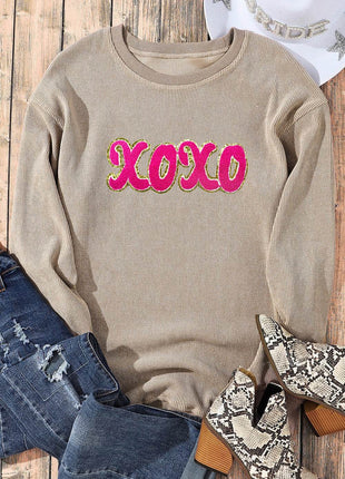 XOXO Sequin Round Neck Dropped Shoulder Sweatshirt - MimiStylez