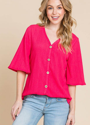 BOMBOM Texture Decorative Button V-Neck Top - MimiStylez