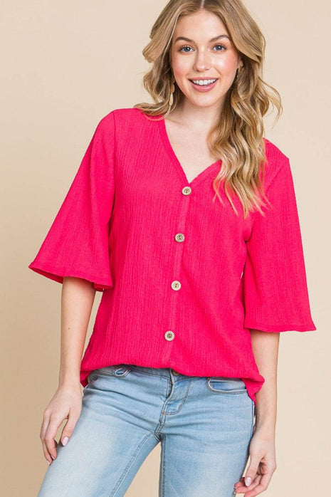 BOMBOM Texture Decorative Button V-Neck Top - MimiStylez