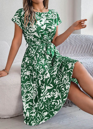 Tied Pleated Printed Short Sleeve Dress - MimiStylez
