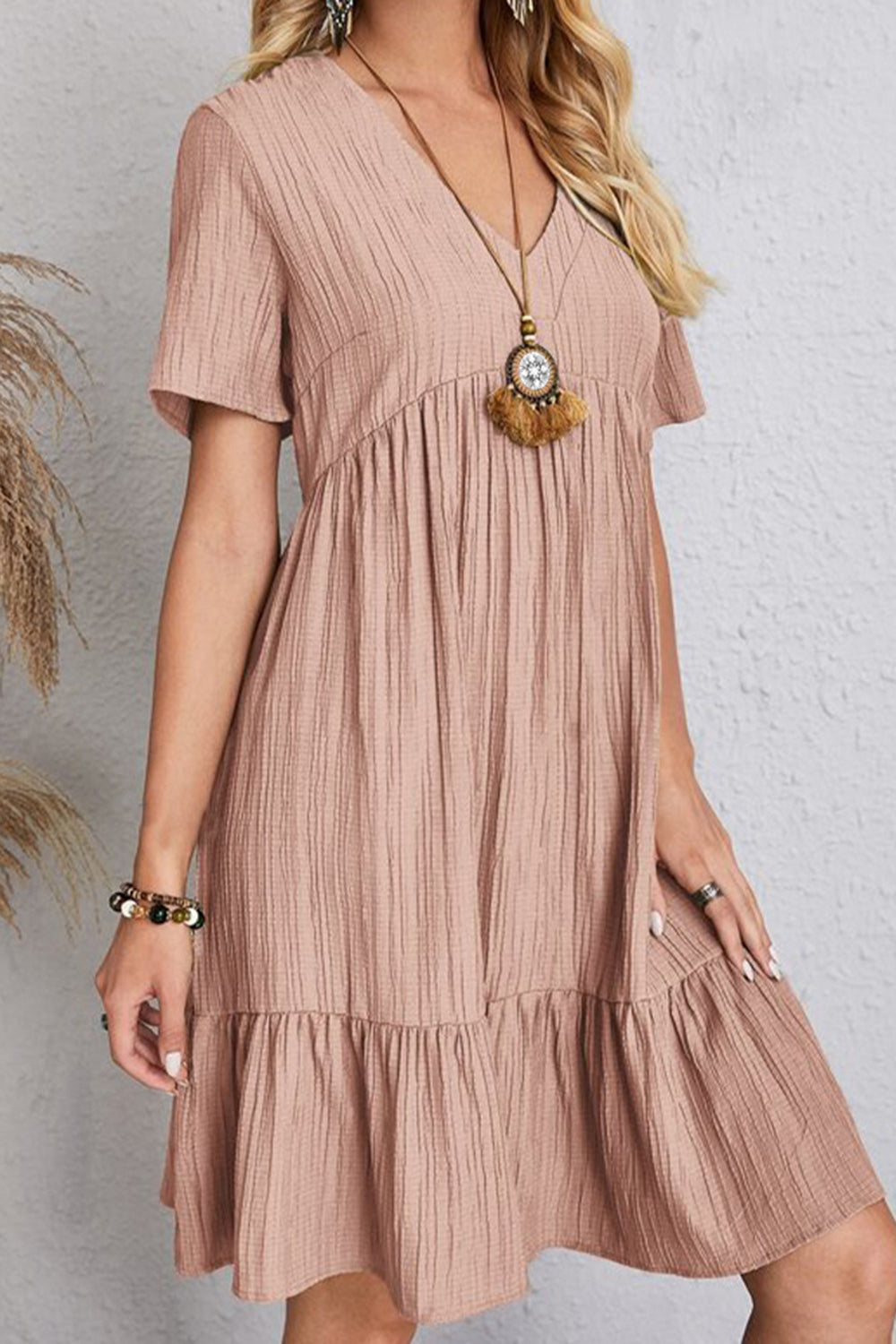 Full Size Ruched V-Neck Short Sleeve Dress