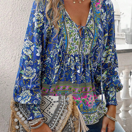 Blusa boêmia com decote em V e manga lanterna
