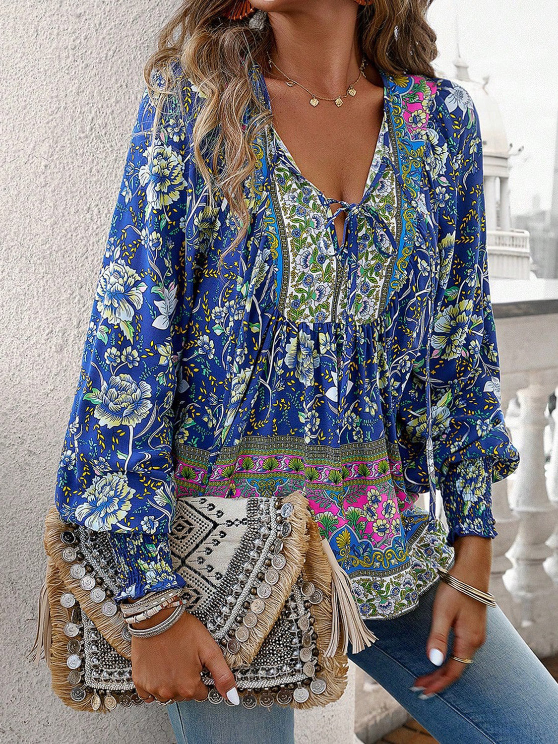 Bohemian Tie Neck Lantern Sleeve Blouse