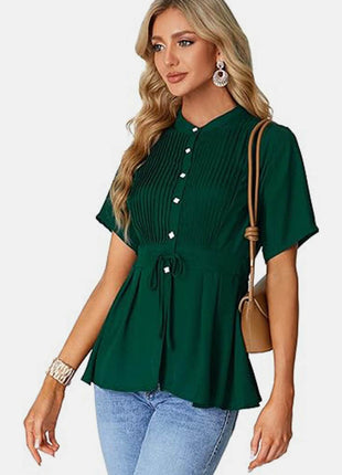 Tied Round Neck Short Sleeve Blouse - MimiStylez