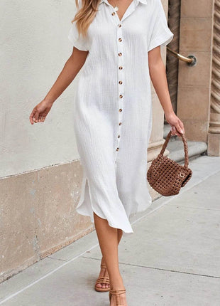 Button Down Short Sleeve Midi Shirt Dress - MimiStylez
